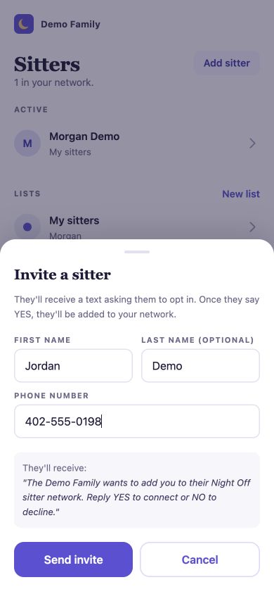 Parents app Invite a sitter sheet with a name, a phone number and a preview of the opt-in text the sitter will receive.