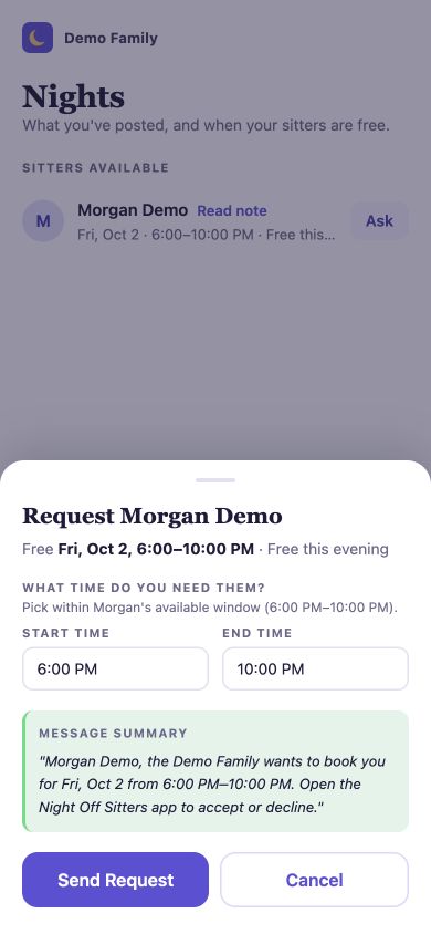 Parents app request sheet for Morgan Demo on Friday October 2 with start and end time fields and a Send Request button.
