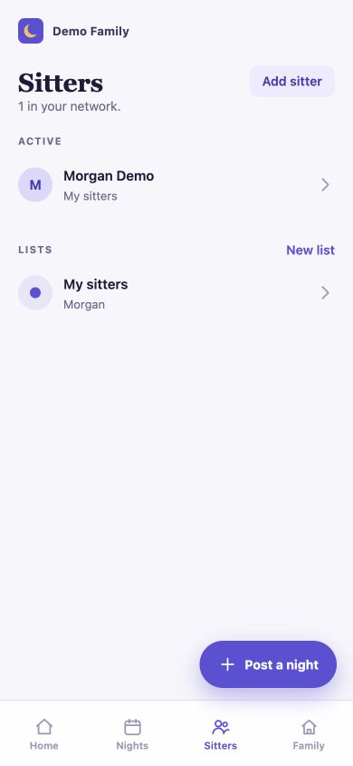 Parents app Sitters tab listing Morgan Demo as an active sitter and a list called My sitters.