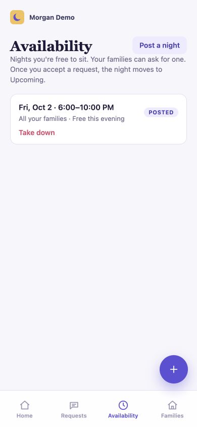 Sitters app Availability tab showing a posted night, Friday October 2, 6:00 to 10:00 PM, visible to all connected families.
