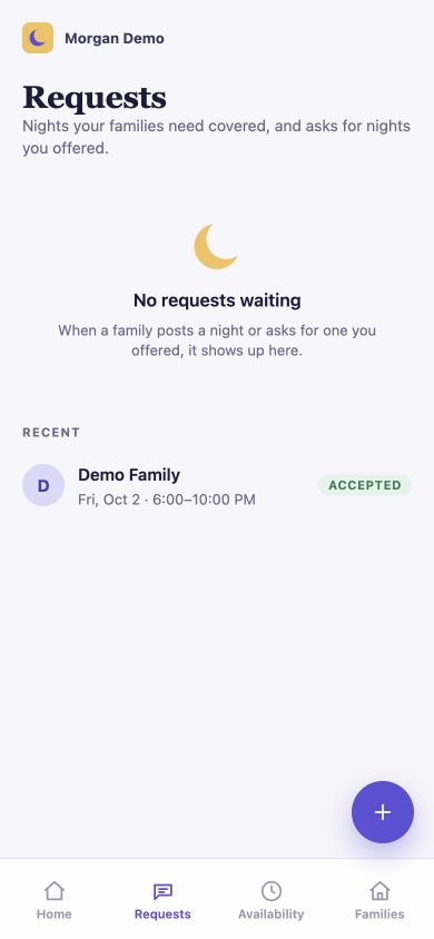 Sitters app Requests tab with no requests waiting and an accepted request from Demo Family listed under Recent.