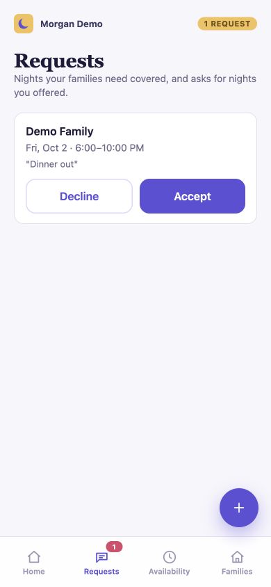 Sitters app Requests tab with a pending request from Demo Family and Decline and Accept buttons.