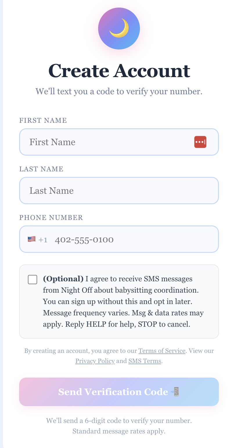 Screenshot of the Night Off Create Account screen showing the (Optional) SMS consent checkbox, separate Terms of Service / Privacy Policy / SMS Terms fine-print, and an enabled Send Verification Code button.